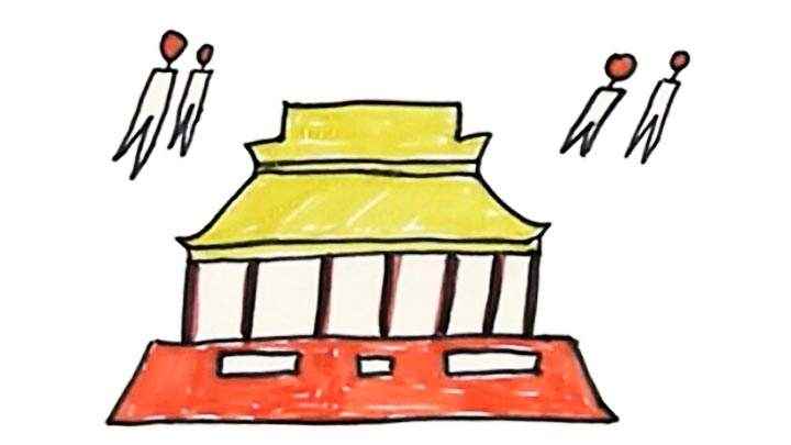 天安门简笔画怎么画(白纸上先用直线画出黄琉璃瓦顶)